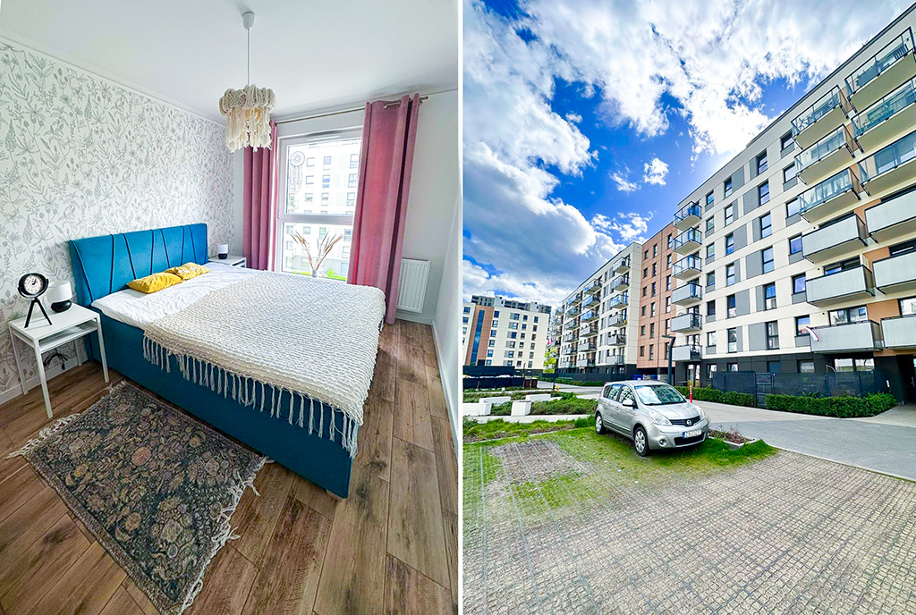po lewej sypialnia, po prawej budynek, w którym znajduje sie oferowany na sprzedaż luksusowy apartament Gdańsk