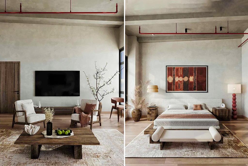 po lewej salon, po prawej sypialnia w luksusowym apartamencie na sprzedaż Nowy Jork Stany Zjednoczone Ameryki