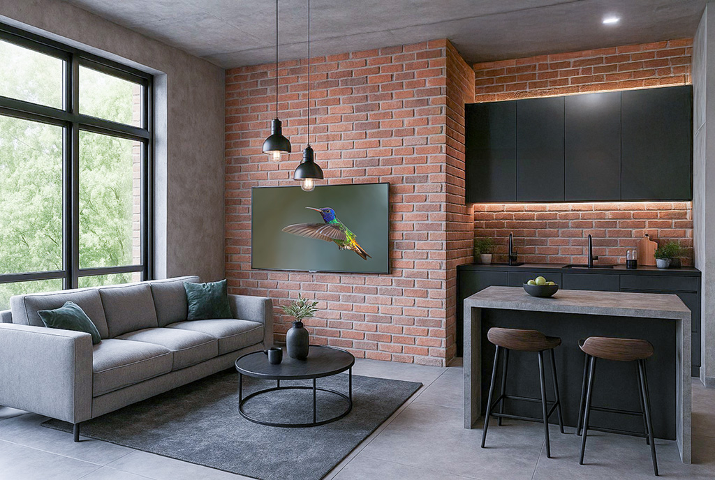 ceglana ściana w salonie ekskluzywnego apartamentu do sprzedaży Gdańsk