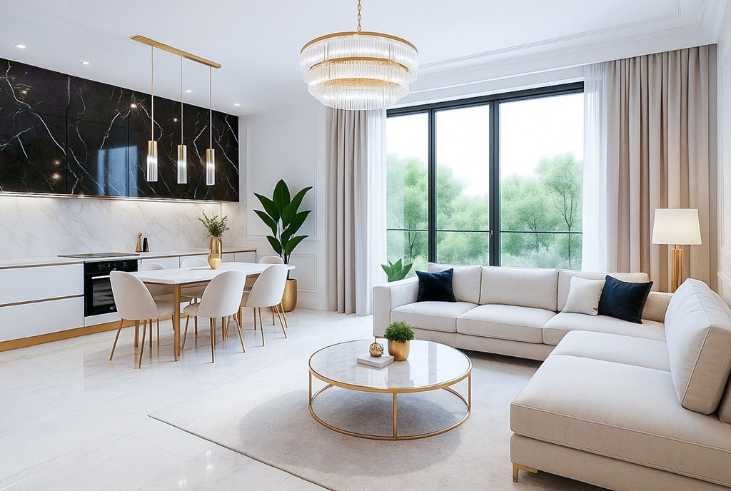 elegancki pokój dzienny w ekskluzywnym apartamencie do sprzedaży Gdańsk