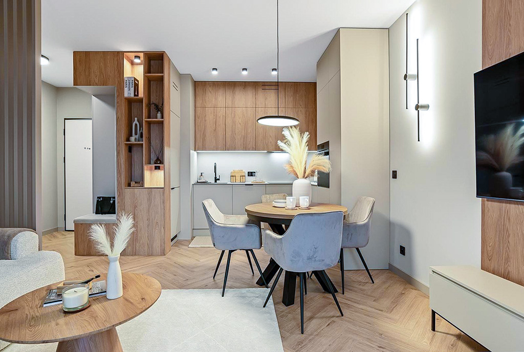 na zdjęciu aneks kuchenny w luksusowym apartamencie na sprzedaż Poznań