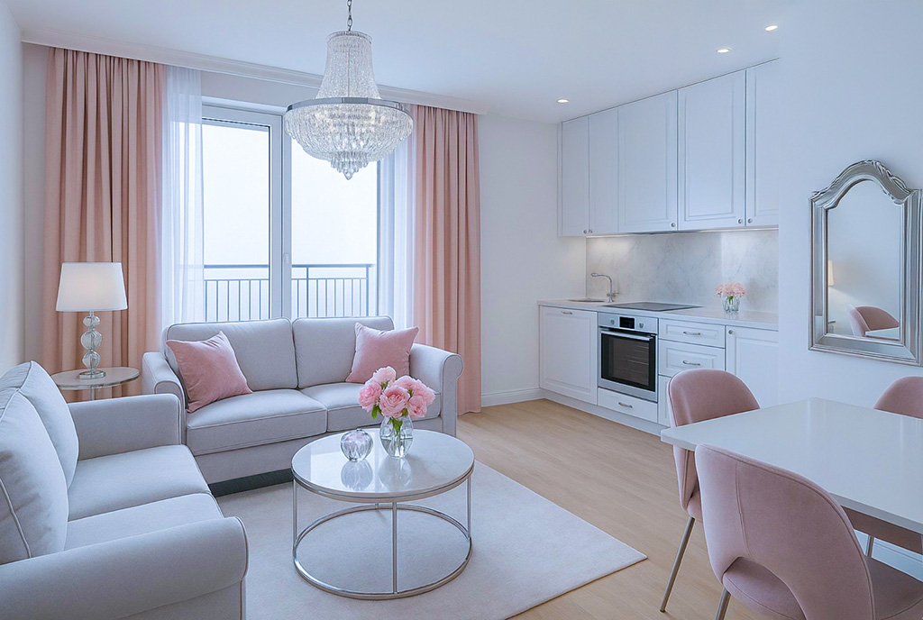 po lewej salon, po prawej kuchnia w ekskluzywnym apartamencie do sprzedaży Gdańsk