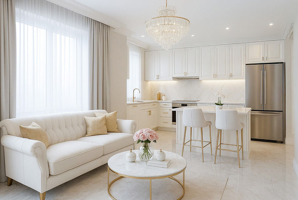 elegancki salon i kuchnia w ekskluzywnym apartamencie do sprzedaży Gdańsk
