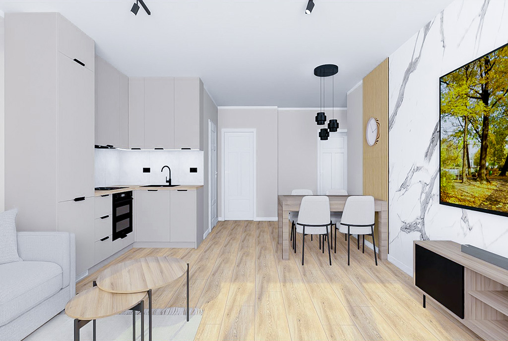 po lewej kuchnia, po prawej jadalnia w luksusowym apartamencie na sprzedaż Elbląg