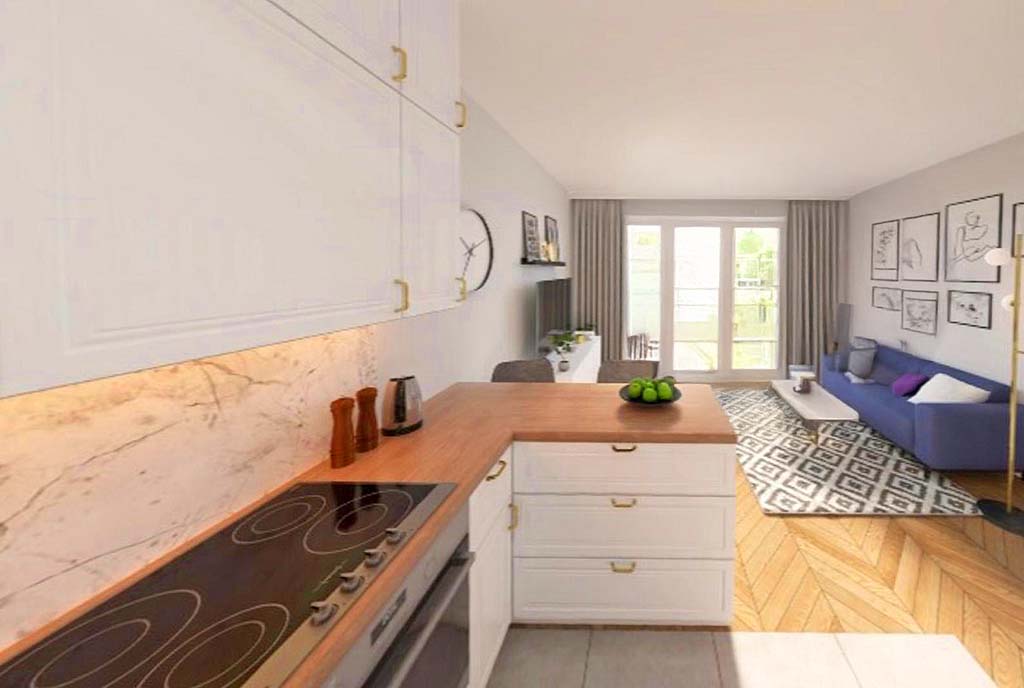 widok z kuchni na salon w ekskluzywnym apartamencie do sprzedaży Gdańsk