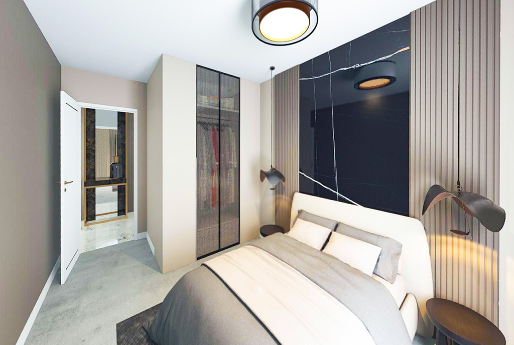 na zdjęciu sypialnia w luksusowym apartamencie na sprzedaż Gdynia