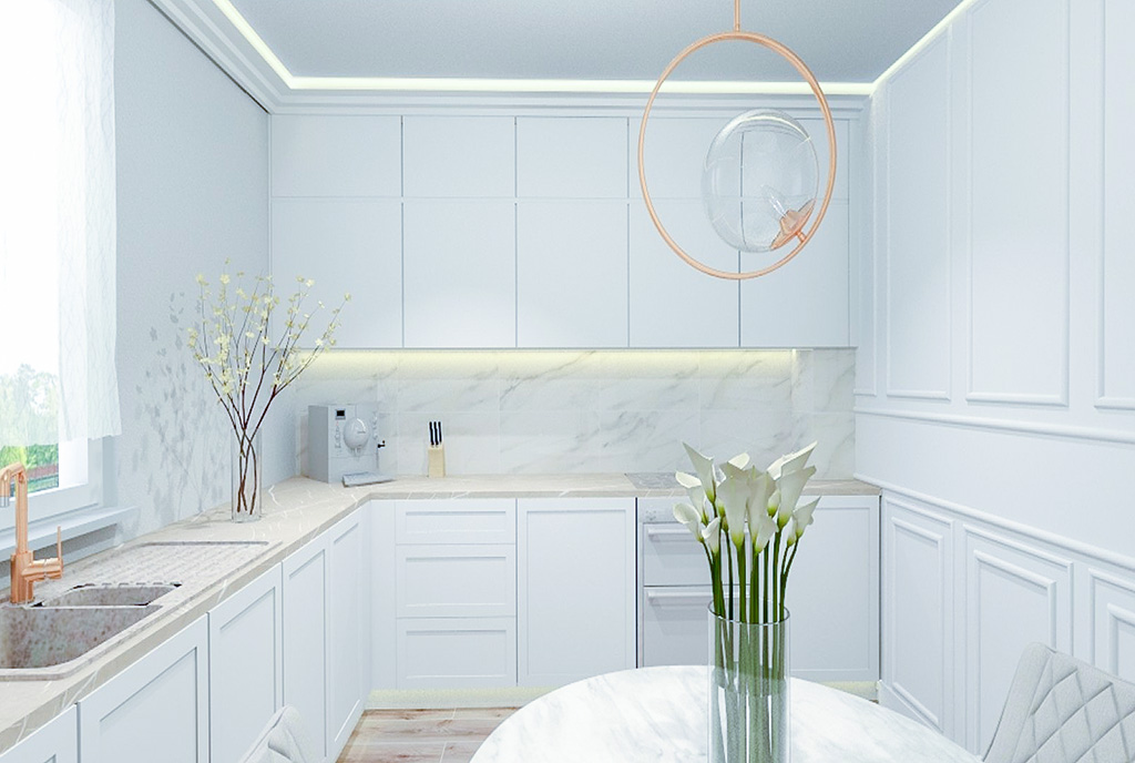 imponujące oświetlenie kuchni w luksusowej willi na sprzedaż Wrocław