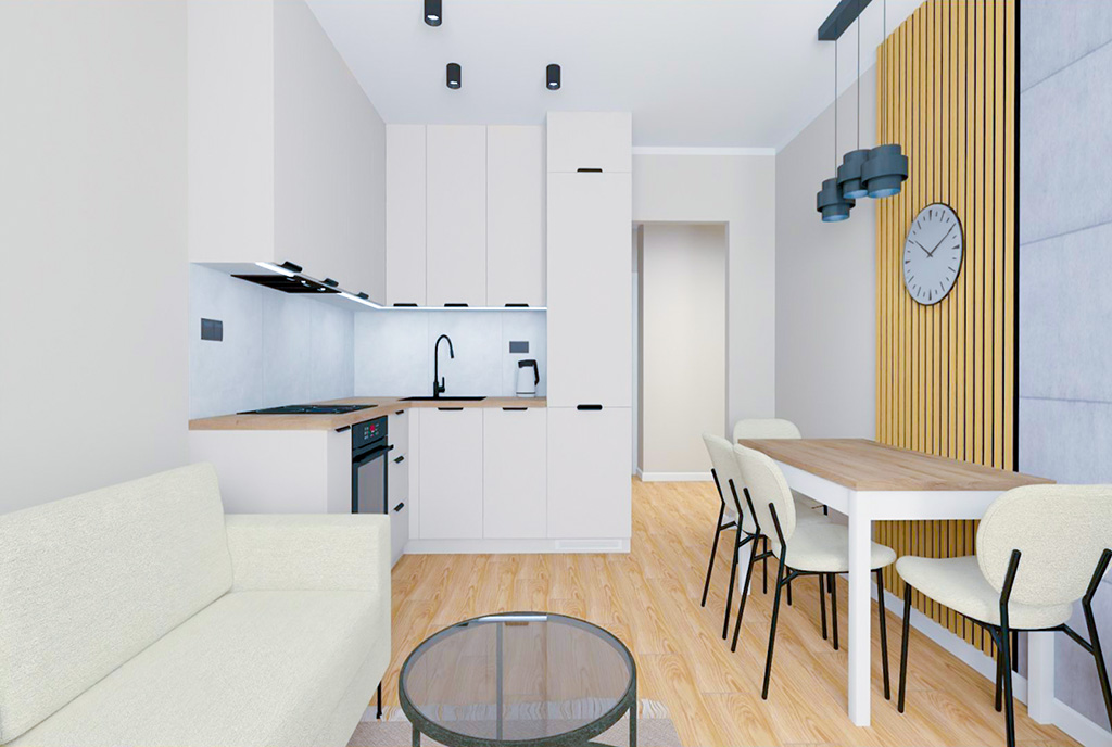 kuchnia i jadalnia w luksusowym apartamencie na sprzedaż Elbląg