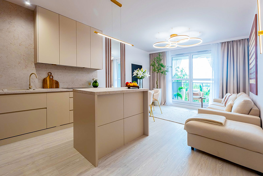 widok na kuchnię w luksusowym apartamencie na sprzedaż Elbląg