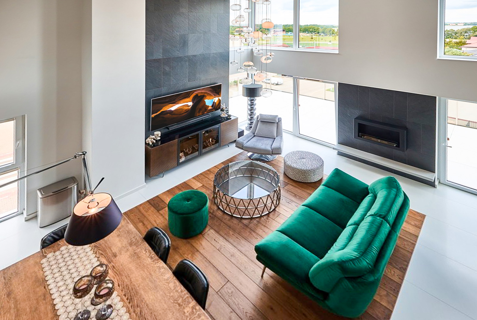widok z góry na salon w ekskluzywnym apartamencie do sprzedaży Ełk