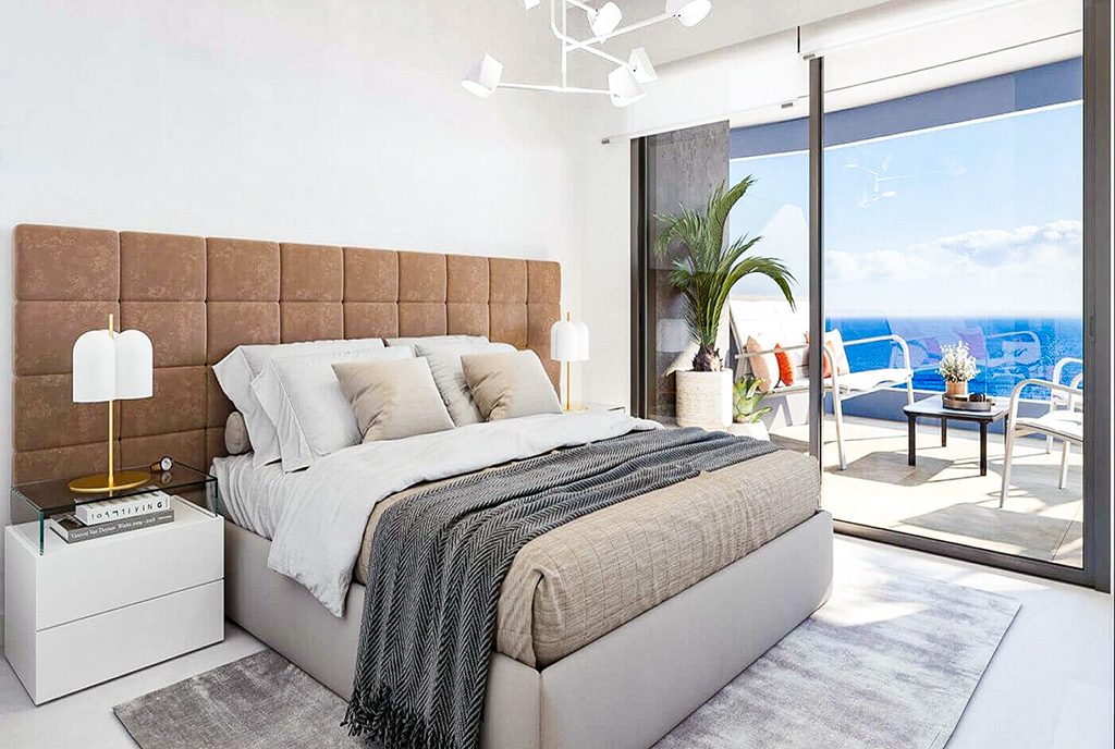 zaciszna sypialnia w luksusowym apartamencie na sprzedaż Hiszpania (Calpe)