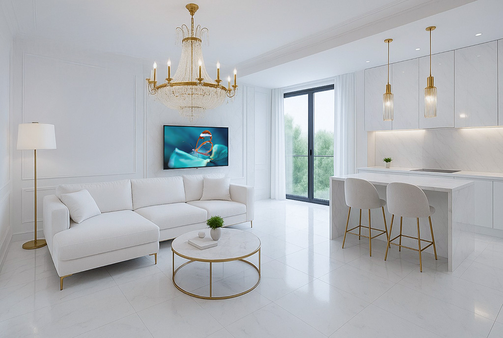 imponujący salon w ekskluzywnym apartamencie do wynajęcia Gdańsk