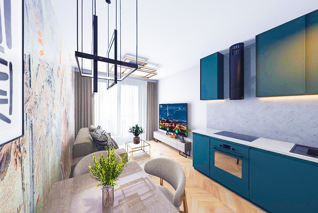 nowoczesny pokój dzienny w ekskluzywnym apartamencie do sprzedaży Gdynia