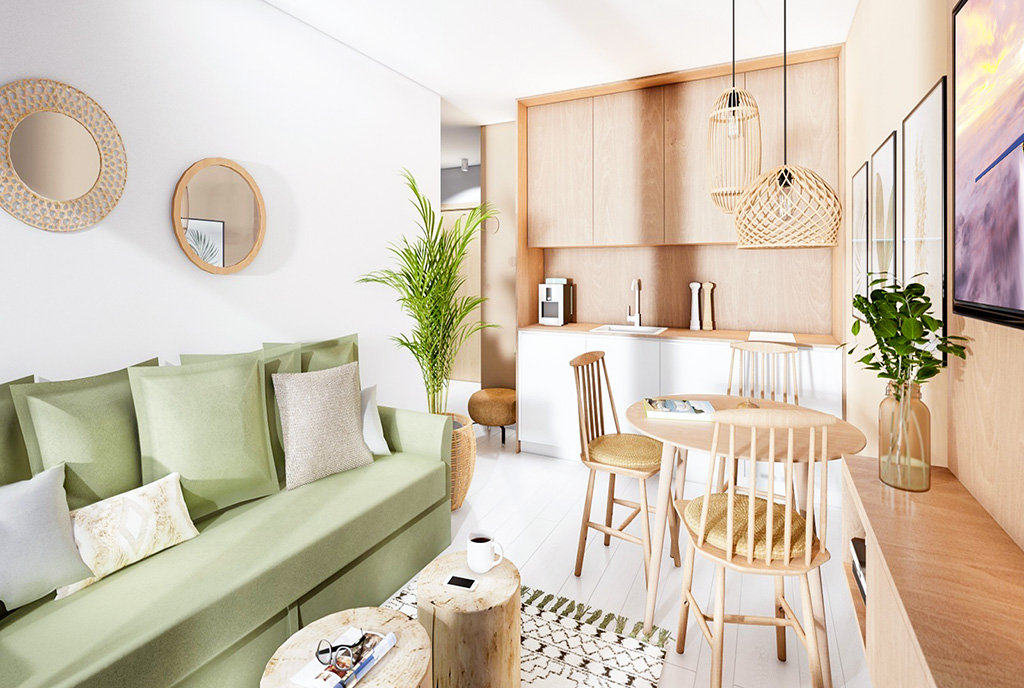 futurystyczny salon w ekskluzywnym apartamencie do sprzedaży nad morzem