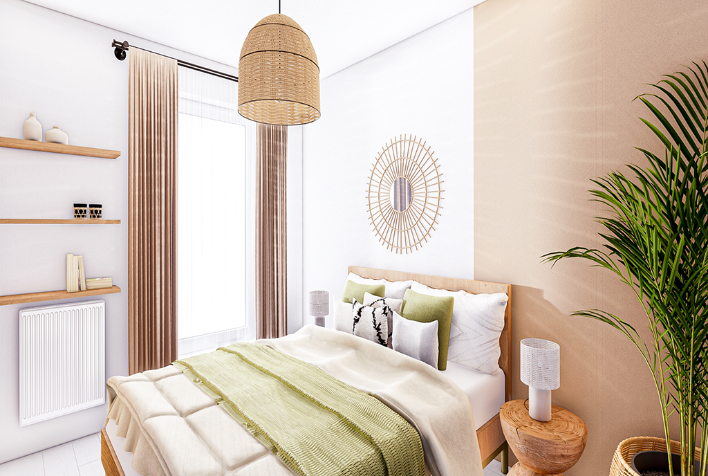 zbliżenie na sypialnię w luksusowym apartamencie na sprzedaż nad morzem