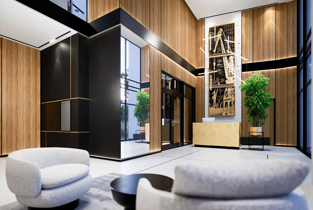 zdjęcie prezentuje prestiżowe lobby w budynku, gdzie znajduje się oferowany na sprzedaż luksusowy apartament Gdańsk