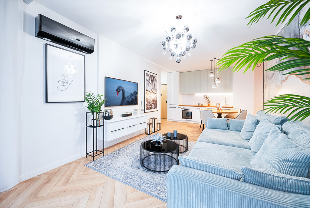 nowoczesny pokój dzienny w ekskluzywnym apartamencie do sprzedaży Gdańsk