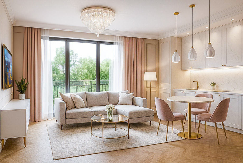 elegancki pokój dzienny w ekskluzywnym apartamencie do sprzedaży Gdańsk