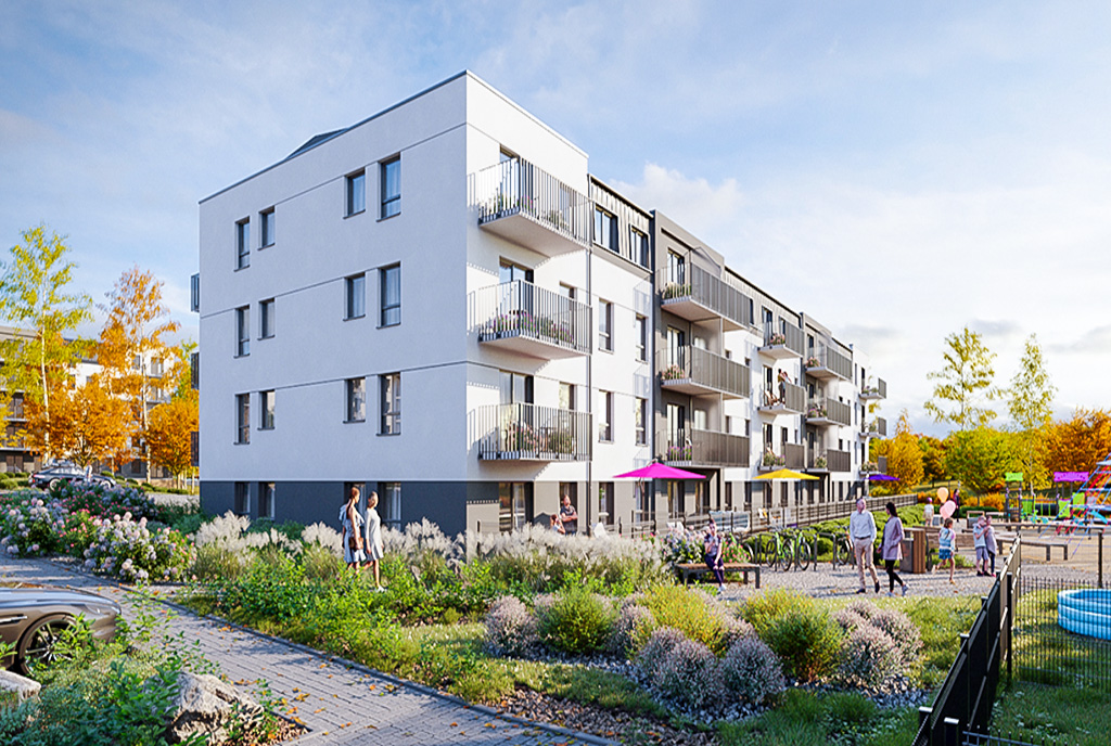 ukwiecone osiedle, na którym znajduje się oferowany na sprzedaż luksusowy apartament Gdańsk
