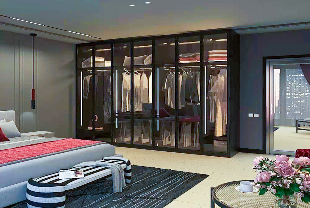 widok na garderobę i sypialnię w luksusowym apartamencie na sprzedaż Gdynia