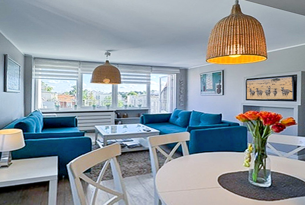 na pierwszym planie jadalnia w luksusowym apartamencie na sprzedaż Sopot