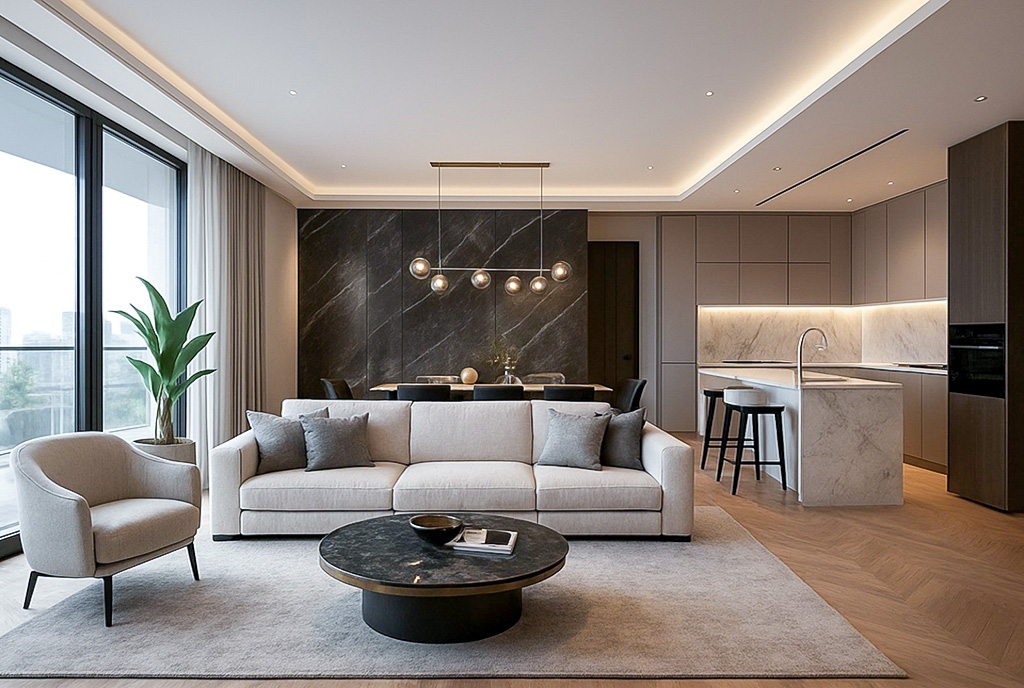 elegancki pokój dzienny w ekskluzywnym apartamencie do sprzedaży Gdynia