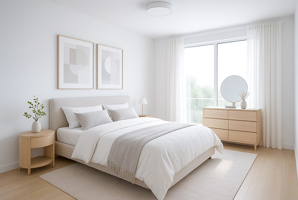 na zdjęciu gustownie zaaranżowana sypialnia w luksusowym apartamencie na sprzedaż Gdynia