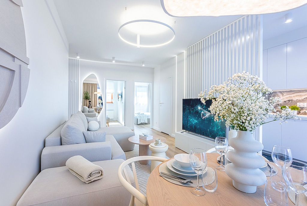 elegancki pokój dzienny w ekskluzywnym apartamencie do sprzedaży nad morzem