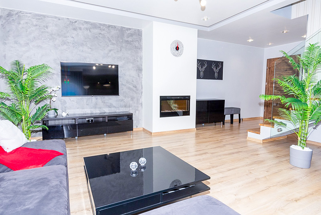 kominek w pokoju gościnnym w luksusowym apartamencie na sprzedaż Bielsko-Biała okolice