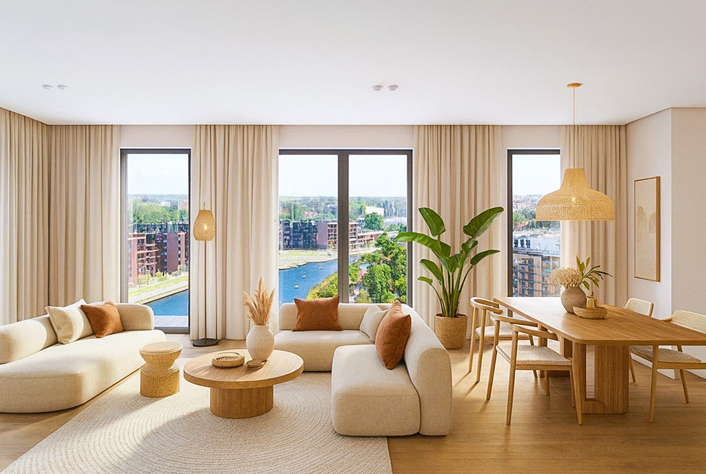 inna perspektywa pokoju gościnnego w luksusowym apartamencie na sprzedaż Gdańsk