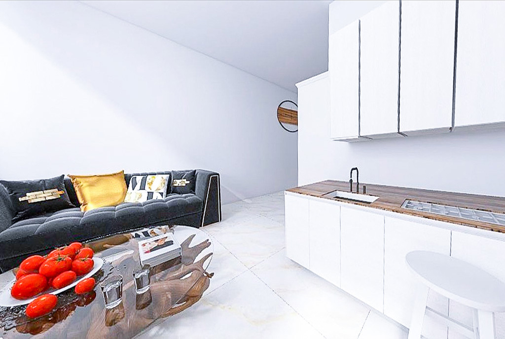 po lewej pokój dzienny, po prawej kuchnia w luksusowym apartamencie na sprzedaż Gdańsk