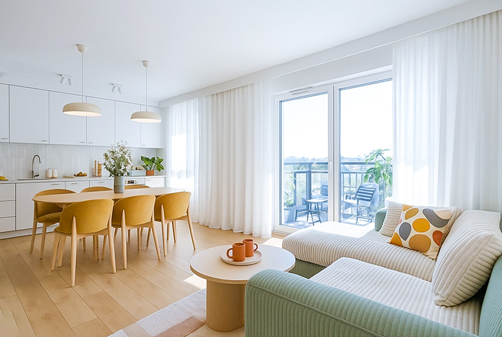 imponujący pokój dzienny w ekskluzywnym apartamencie do sprzedaży Gdynia