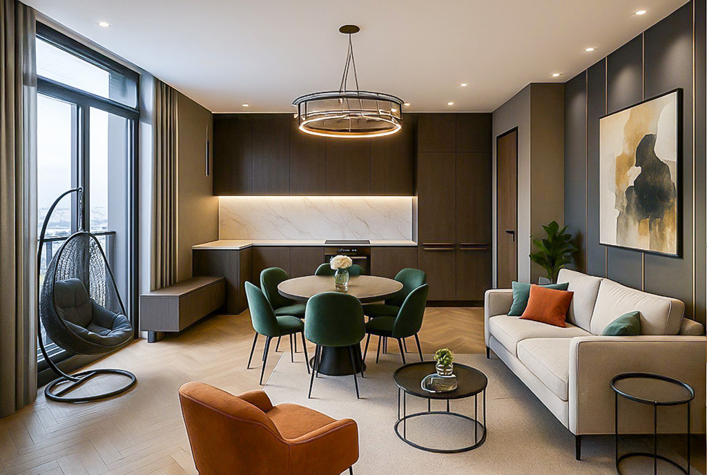 designerski pokój dzienny w ekskluzywnym apartamencie do sprzedaży Gdańsk okolice