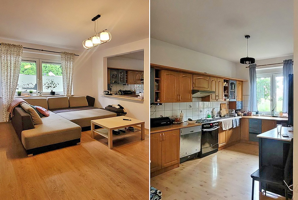 po lewej salon, po prawej kuchnia w luksusowej willi na sprzedaż Kalisz