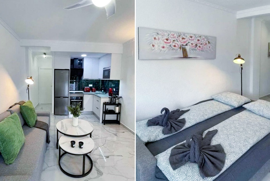 po lewej kuchnia, po prawej sypialnia w luksusowym apartamencie na sprzedaż Hiszpania Torrevieja