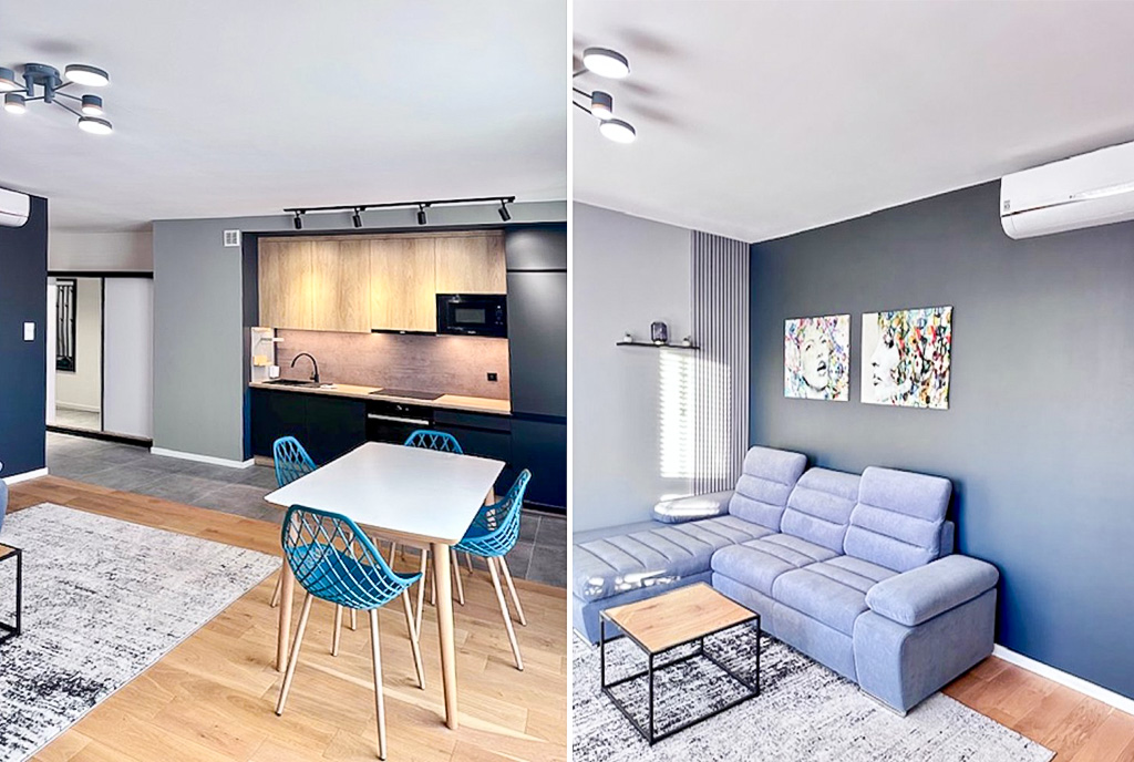 kuchnia i salon w luksusowym apartamencie na sprzedaż Mazury