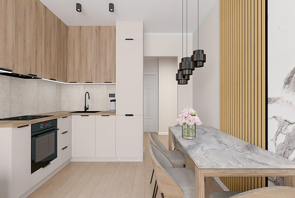 na zdjęciu nowoczesna kuchnia w luksusowym apartamencie na sprzedaż Elbląg