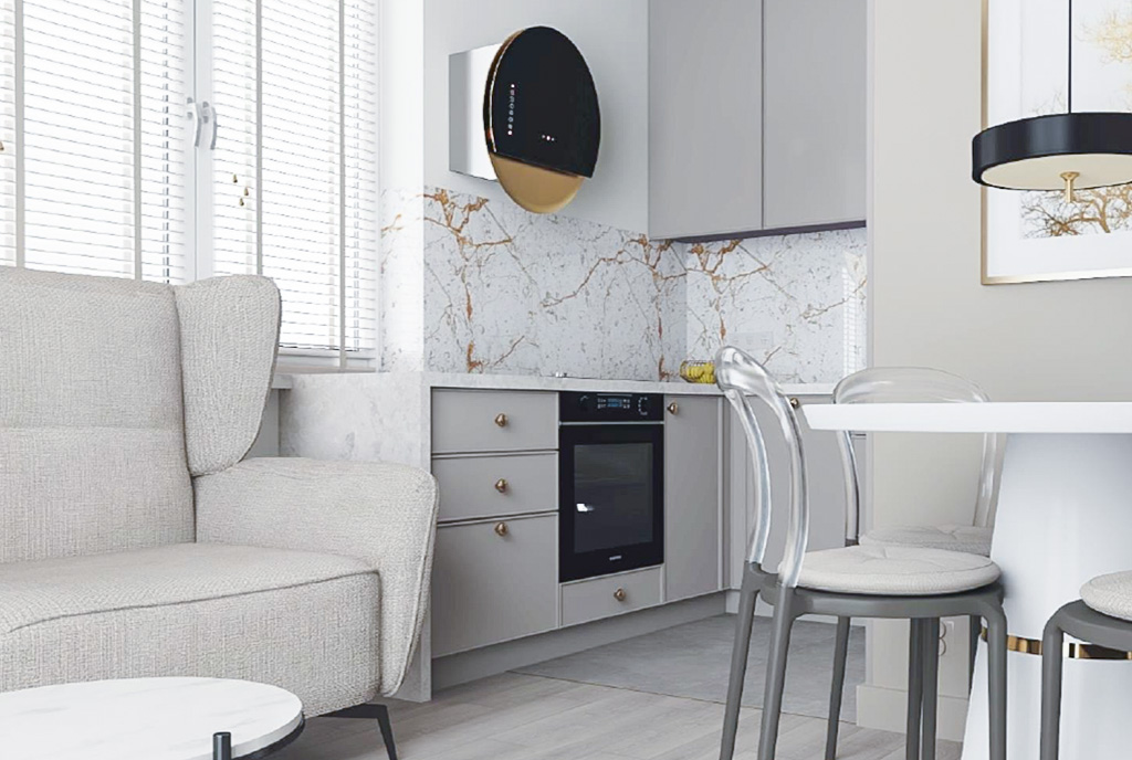 zdjęcie prezentuje kuchnię w luksusowqym apartamencie na sprzedaż Gdynia okolice