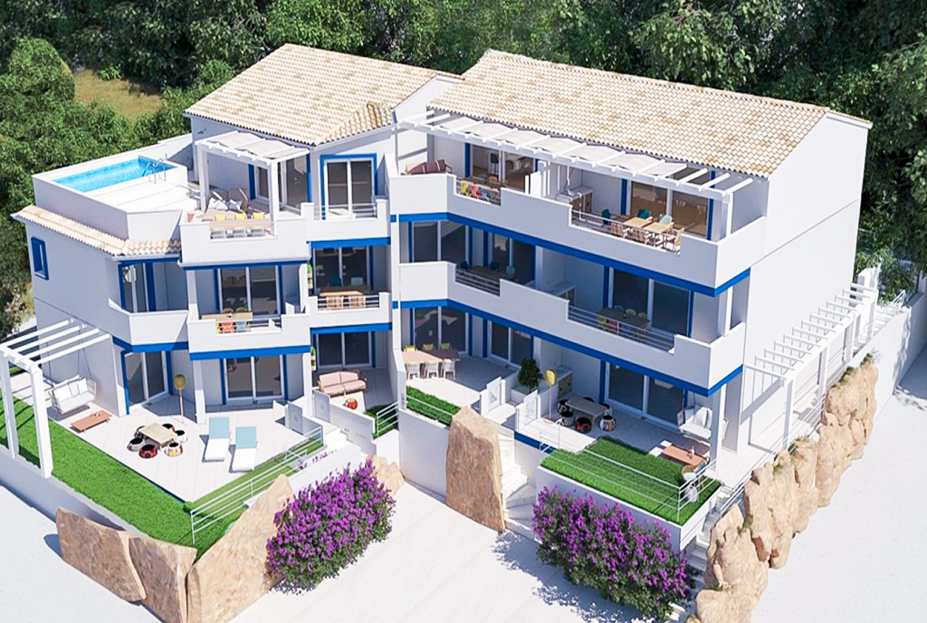 widok z lotu ptaka na osiedle, na którym znajduje się oferowany do sprzedaży luksusowy apartament Włochy Lu Bagnu