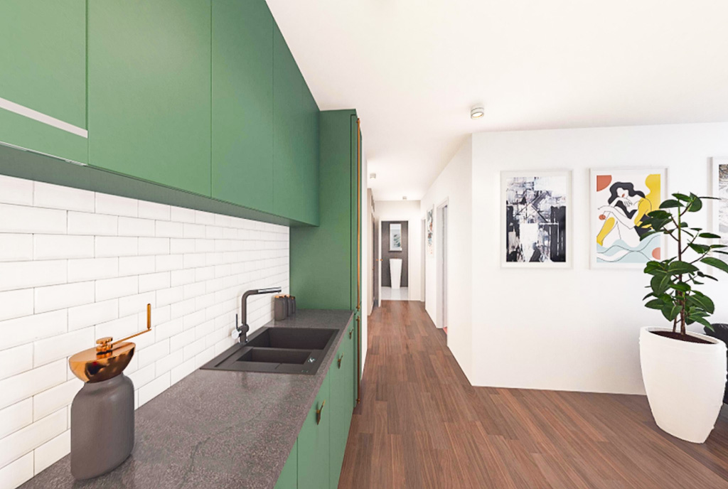 po lewej kuchnia, po prawej salon w luksusowym apartamencie na sprzedaż Szczecin