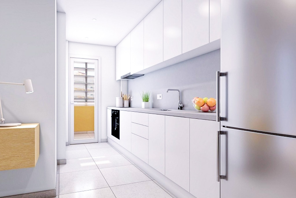 zaprojektowana w bieli kuchnia w luksusowym apartamencie na sprzedaż Hiszpania La Manga del Mar Menor