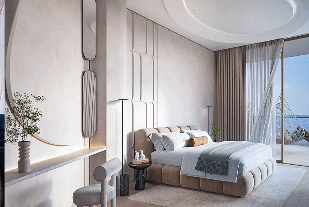 elegancka sypialnia w luksusowym apartamencie na sprzedaż Zjednoczone Emiraty Arabskie Ras Alkajma