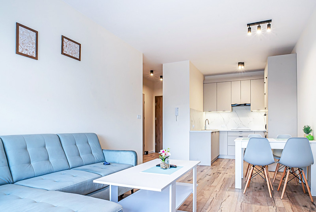 na zdjęciu salon oraz aneks kuchenny w luksusowym apartamencie do wynajmu Bolesławiec
