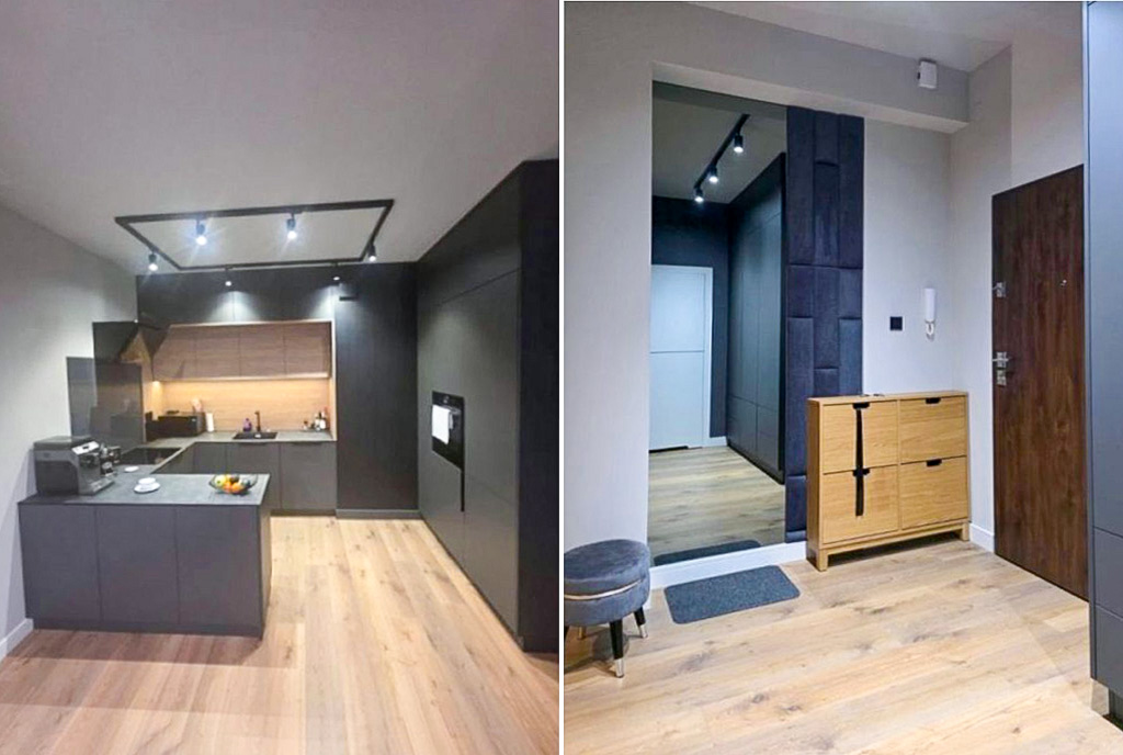 po lewej kuchnia, po prawej hol w luksusowym apartamencie na sprzedaż Częstochowa