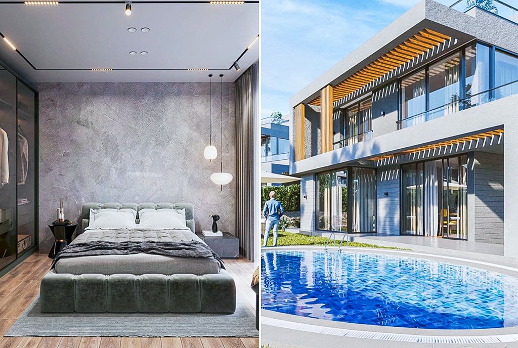po lewej sypialnia, po prawej budynek, gdzie znajduje się oferowany na sprzedaż luksusowy apartament Cypr Tatlisu Esentepe