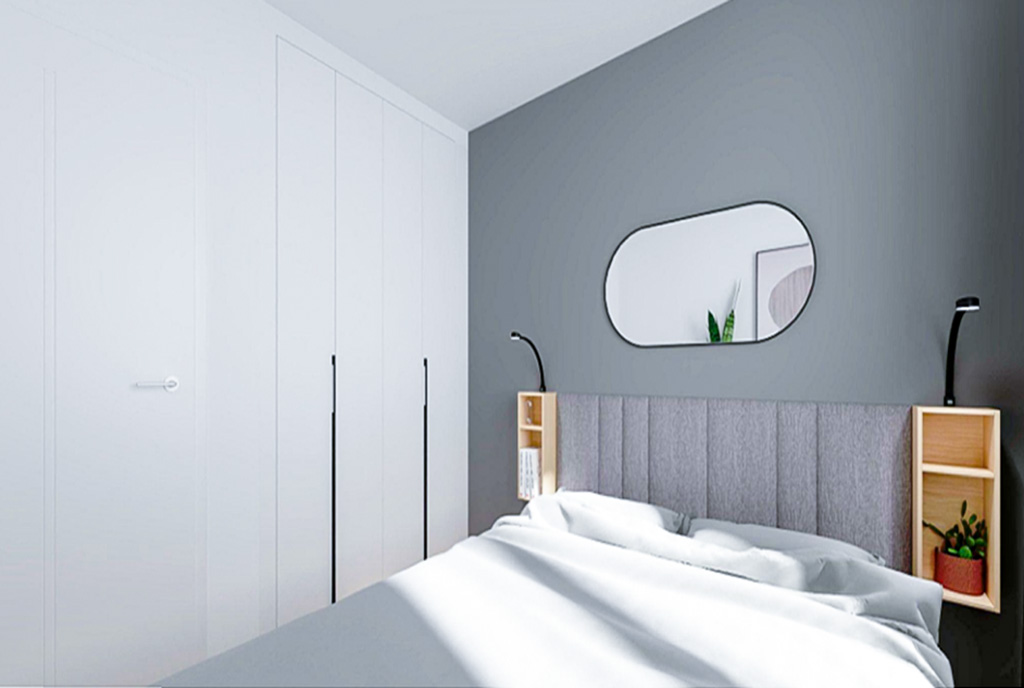 szaro-biała sypialnia w luksusowym apartamencie na sprzedaż Legnica okolice