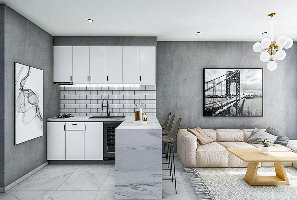 po lewej kuchnia, po prawej pokój dzienny w luksusowym apartamencie na sprzedaż Cypr Iskele