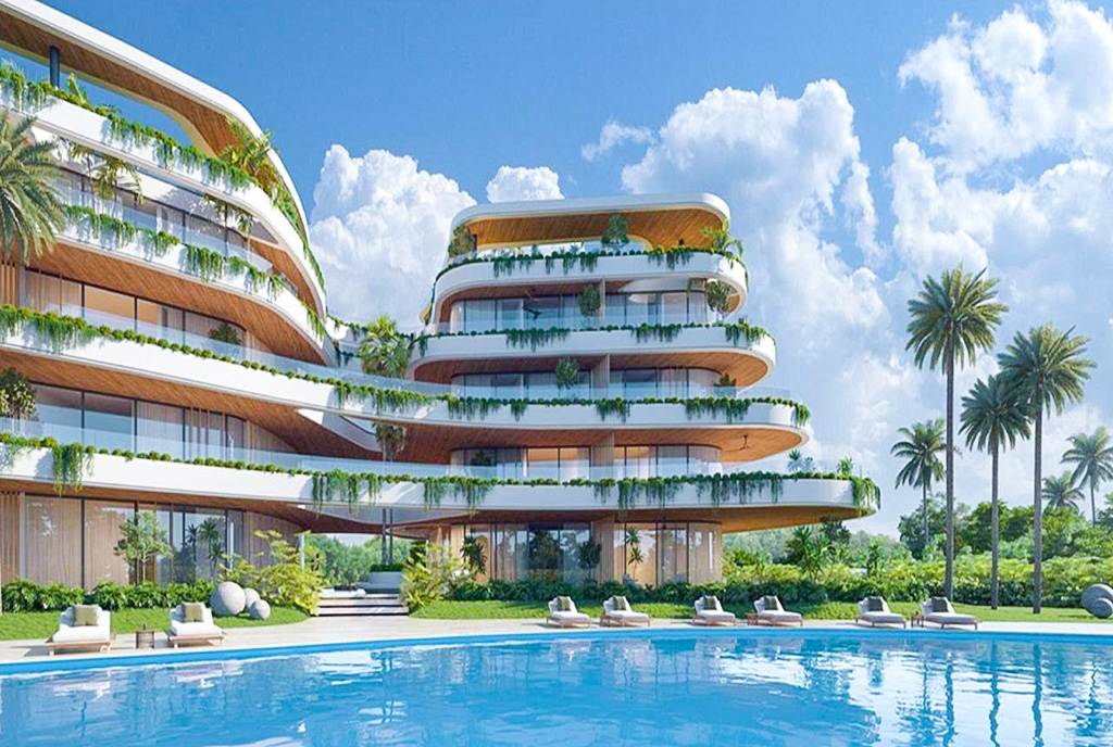 widok na osiedle z basenem, gdzie znajduje się oferowany do sprzedaży luksusowy apartament Dominikana Bayahibe La Altargacia
