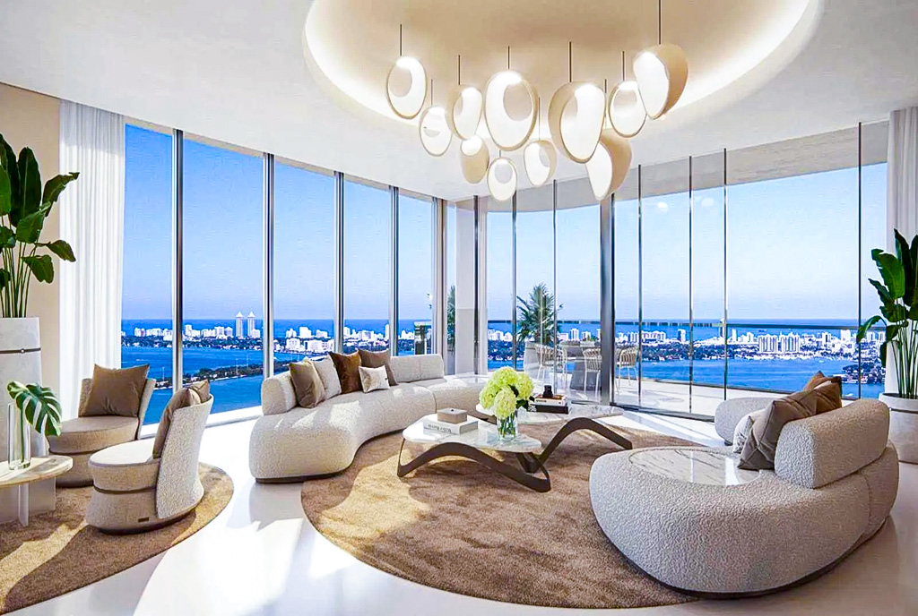 okazały pokój dzienny w ekskluzywnym apartamencie na sprzedaż Miami Stany Zjednoczone Ameryki