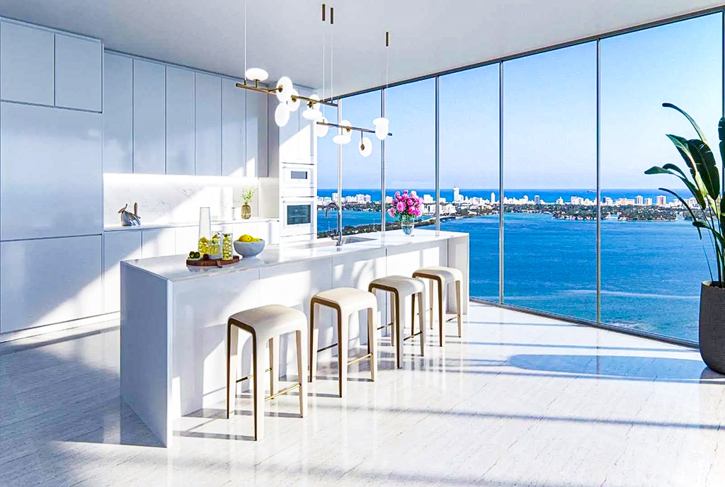 słoneczna kuchnia w luksusowym apartamencie na sprzedaż Miami Stany Zjednoczone Ameryki